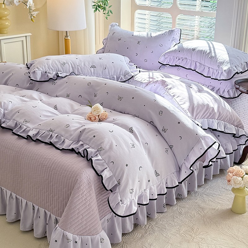 Комплект калъфки за завивка от тъкан памук, клас A, двойнослойна прежда, корейски стил дантела, четири части (Reactive печат, тегло 2500–3000 г, подходящ за всички сезони)