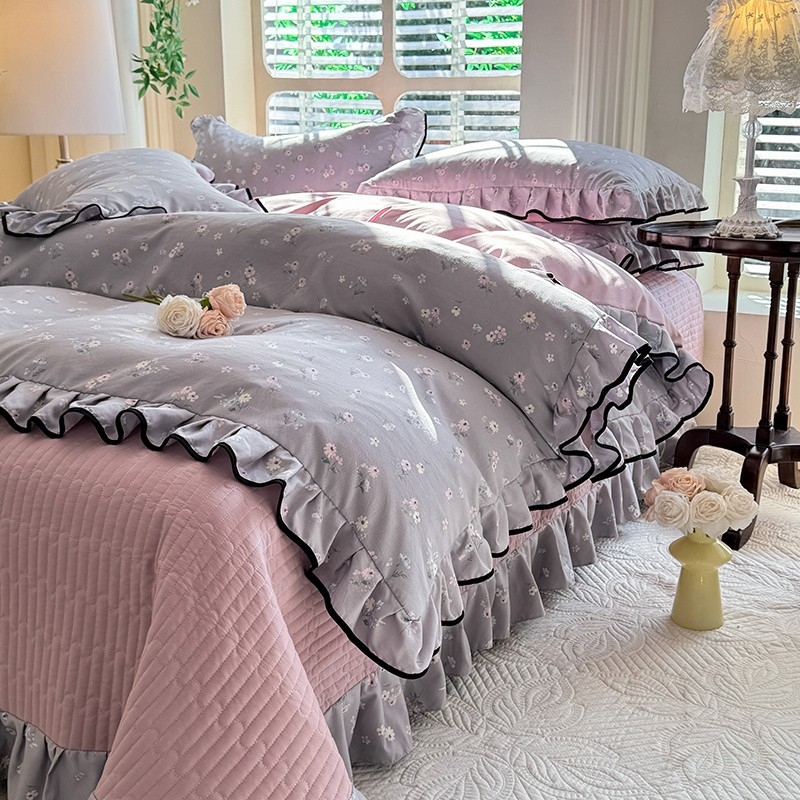 Комплект калъфки за завивка от тъкан памук, клас A, двойнослойна прежда, корейски стил дантела, четири части (Reactive печат, тегло 2500–3000 г, подходящ за всички сезони)