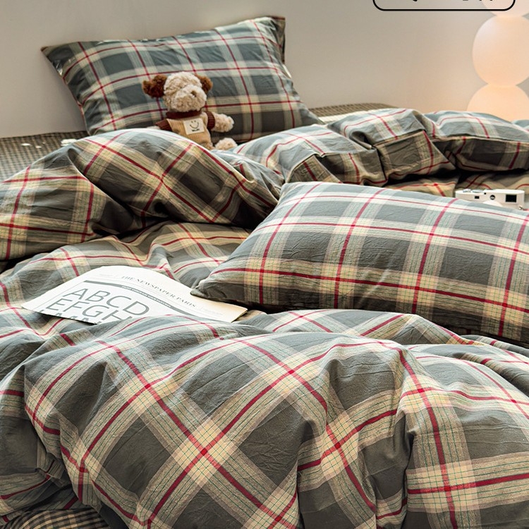 Komplet posteljine od 100% pamuka, četverodijelni set, kvadratni uzorak, bojenje vlaknima, perivo