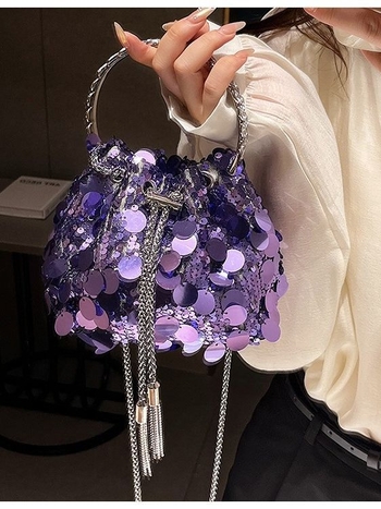 Női flitteres táska japán/koreai stílusban, 2023-as új trend, estélyi váll- vagy keresztpántos táska, vödrö alakú forma, poliészter bélés, belső zsebek telefon és ID