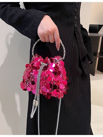 Női flitteres táska japán/koreai stílusban, 2023-as új trend, estélyi váll- vagy keresztpántos táska, vödrö alakú forma, poliészter bélés, belső zsebek telefon és ID