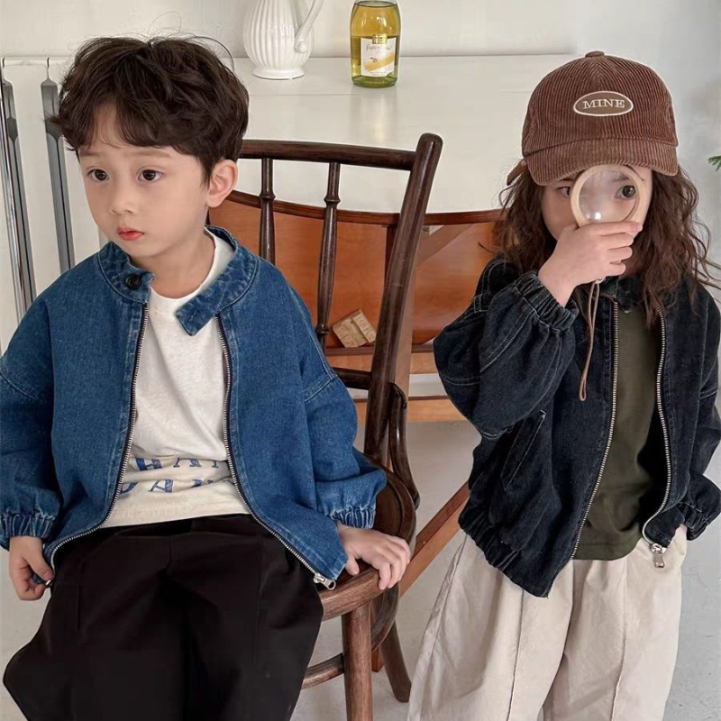 Παιδικό μπουφάν από βαμβάκι, σε στυλ μοτοσικλέτας, με σταθερό γιακά, άνοιξη 2025, μονοχρωματικό σχέδιο