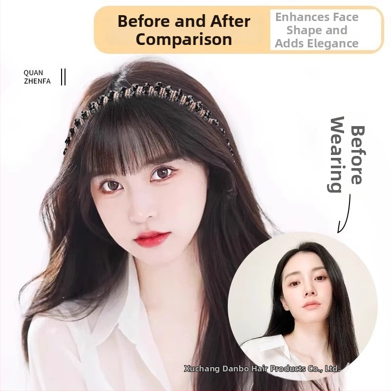 Perucă din păr natural, cu diademă din cristale și breton aerian, piesă de păr dintr-o bucată pentru acoperire naturală a frunții