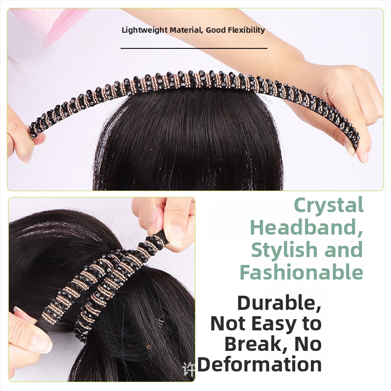 Perucă din păr natural, cu diademă din cristale și breton aerian, piesă de păr dintr-o bucată pentru acoperire naturală a frunții