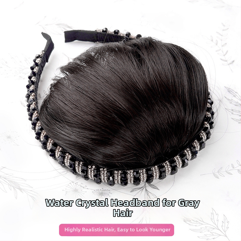 Perucă din păr natural, cu diademă din cristale și breton aerian, piesă de păr dintr-o bucată pentru acoperire naturală a frunții