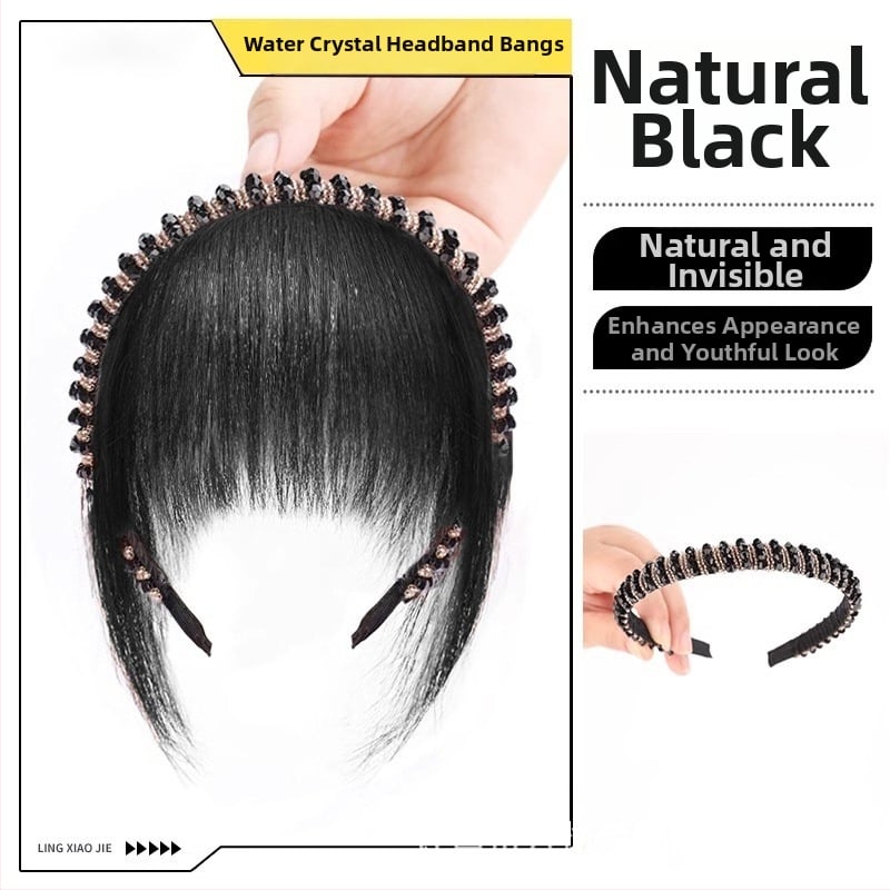 Perucă din păr natural, cu diademă din cristale și breton aerian, piesă de păr dintr-o bucată pentru acoperire naturală a frunții