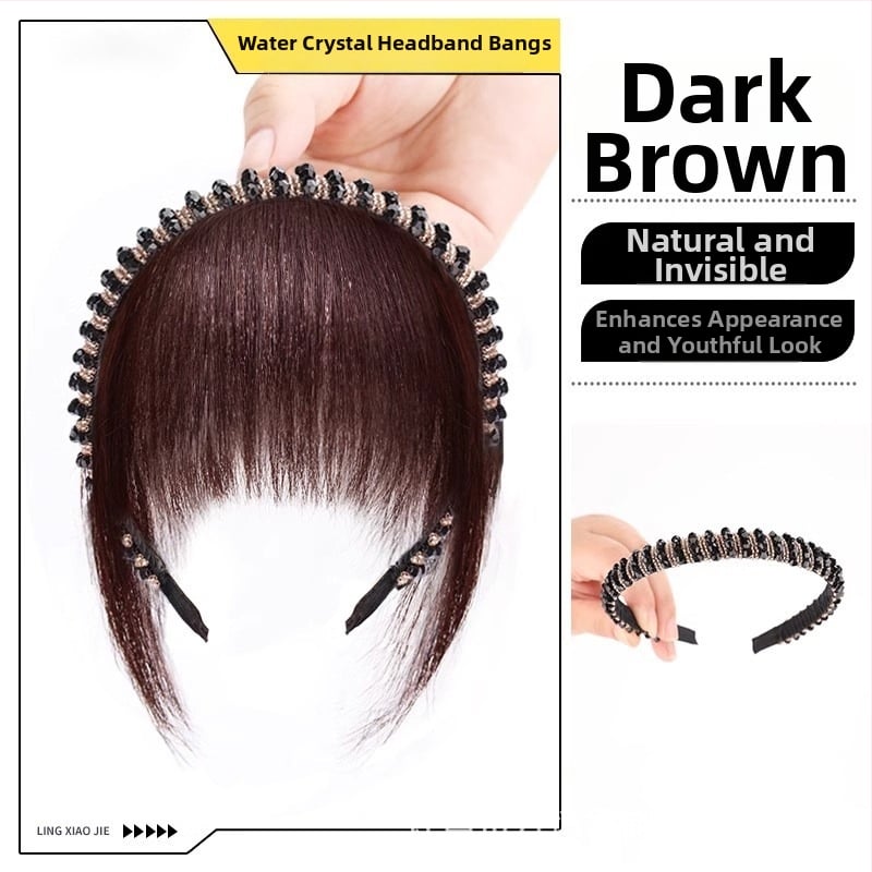 Perucă din păr natural, cu diademă din cristale și breton aerian, piesă de păr dintr-o bucată pentru acoperire naturală a frunții