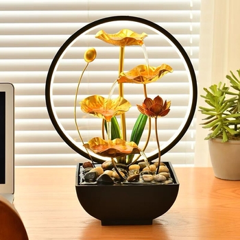 Asztali fém fontán – kézzel készített vízfolyásos dísz lótusz-tóval és holdfénnyel, modern minimalista stílus (Anyag: fém; Felület: festett; Gyártás: kézzel készített; Csomagolás: karton)