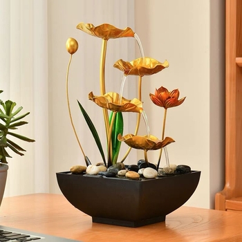 Asztali fém fontán – kézzel készített vízfolyásos dísz lótusz-tóval és holdfénnyel, modern minimalista stílus (Anyag: fém; Felület: festett; Gyártás: kézzel készített; Csomagolás: karton)