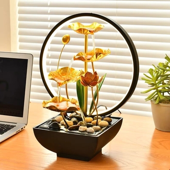 Asztali fém fontán – kézzel készített vízfolyásos dísz lótusz-tóval és holdfénnyel, modern minimalista stílus (Anyag: fém; Felület: festett; Gyártás: kézzel készített; Csomagolás: karton)