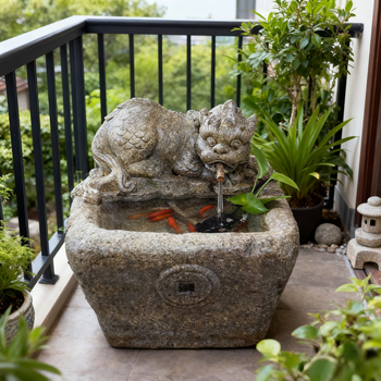 Pixiu воден фонтан статуя за открит двор, изкуствен камък, ръчна изработка, циркулираща вода за градина и рибно езерце, китайски стил