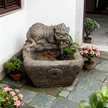Pixiu воден фонтан статуя за открит двор, изкуствен камък, ръчна изработка, циркулираща вода за градина и рибно езерце, китайски стил