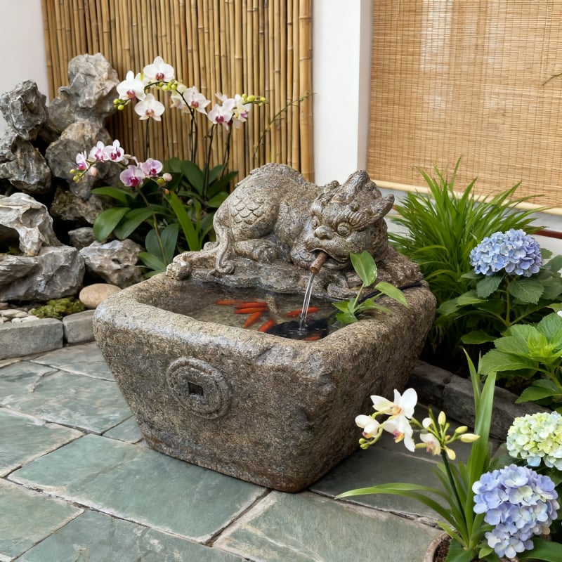 Pixiu воден фонтан статуя за открит двор, изкуствен камък, ръчна изработка, циркулираща вода за градина и рибно езерце, китайски стил