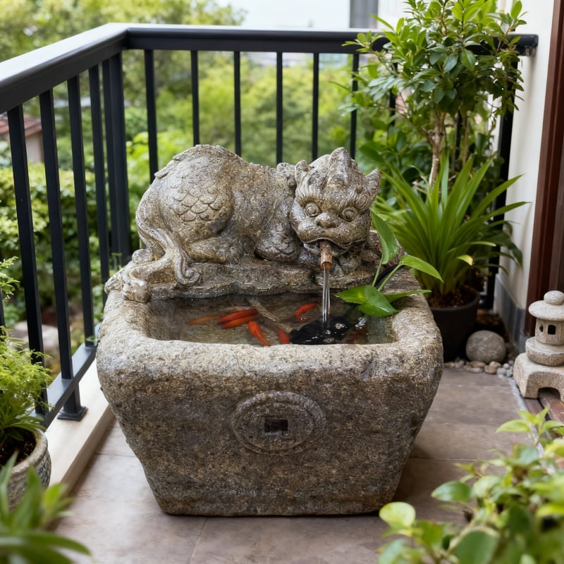 Pixiu воден фонтан статуя за открит двор, изкуствен камък, ръчна изработка, циркулираща вода за градина и рибно езерце, китайски стил