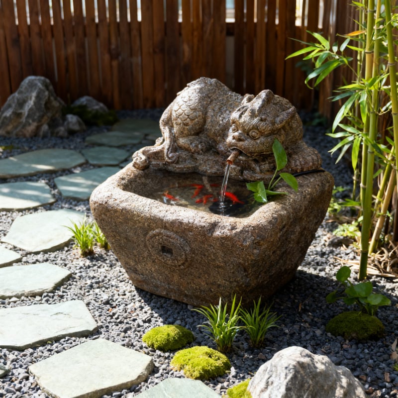Pixiu воден фонтан статуя за открит двор, изкуствен камък, ръчна изработка, циркулираща вода за градина и рибно езерце, китайски стил