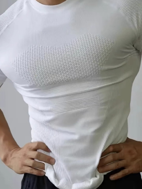 Férfi gyorsan száradó kompressziós edzőfelső futáshoz – rövid ujjú, egyszínű mintázat, 90% Spandex, bélés 90% Nylon, nyár