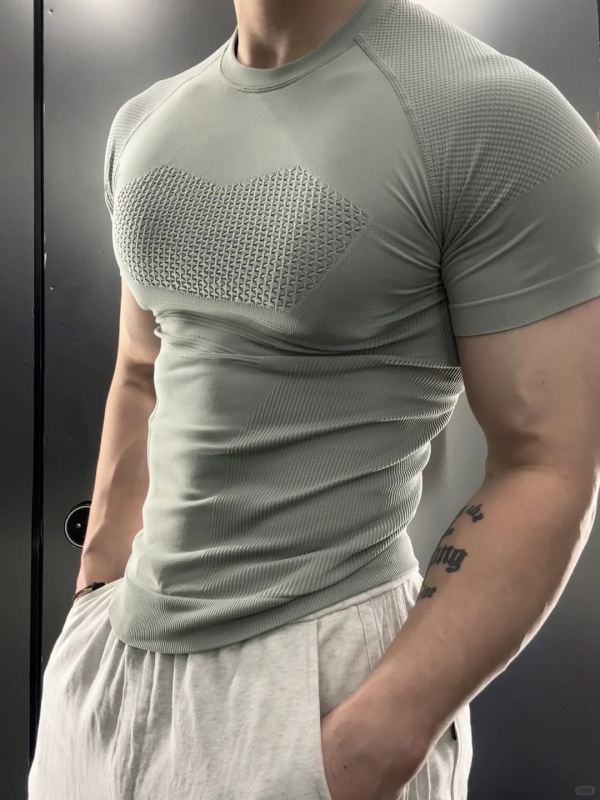 Férfi gyorsan száradó kompressziós edzőfelső futáshoz – rövid ujjú, egyszínű mintázat, 90% Spandex, bélés 90% Nylon, nyár