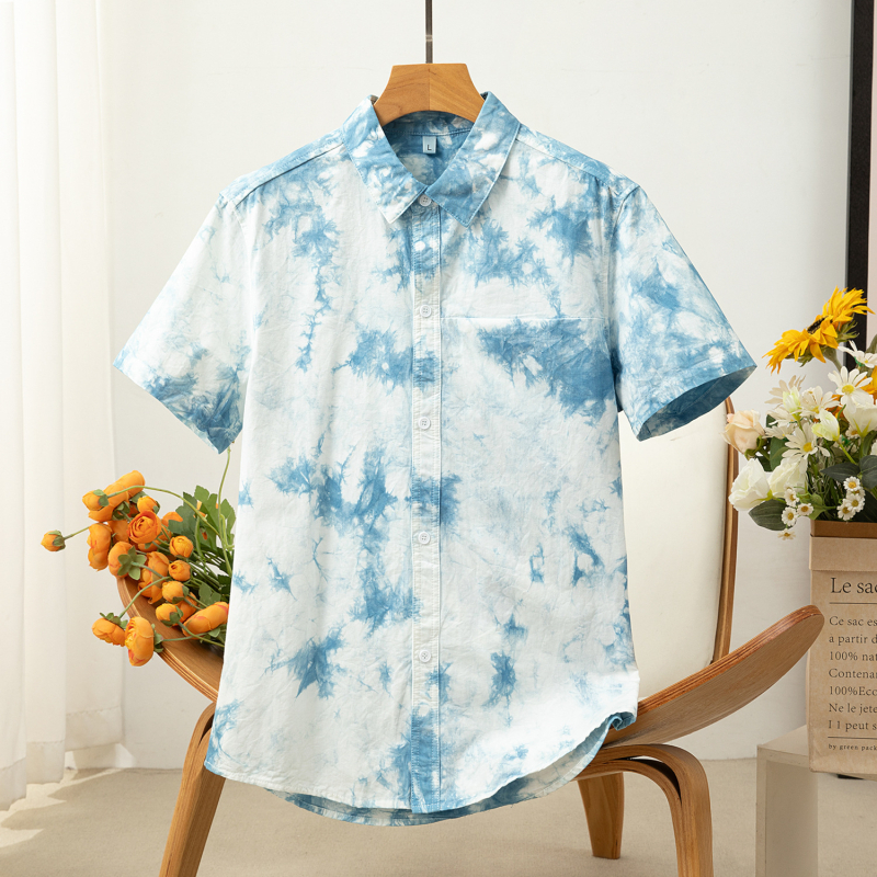 Férfi pamut tie-dye ing, rövid ujjú, színes blokk mintázat, laza szabás, nedvességelvezető anyag