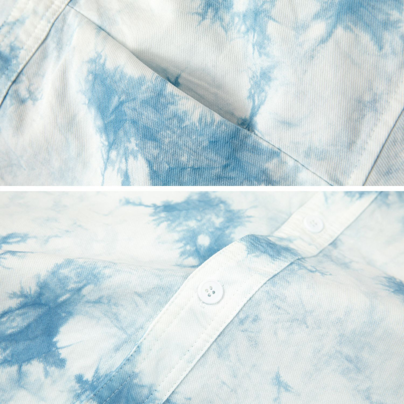 Férfi pamut tie-dye ing, rövid ujjú, színes blokk mintázat, laza szabás, nedvességelvezető anyag