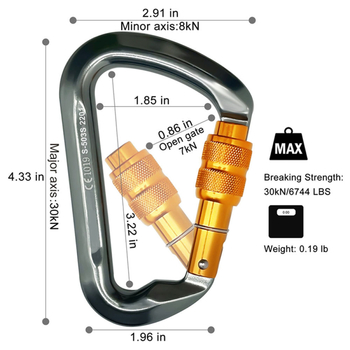 Καραμπίνερ 30 kN, κράμα αλουμινίου 7075, κύριος μηχανισμός κλειδώματος, ορειβασία και ράπινγκ