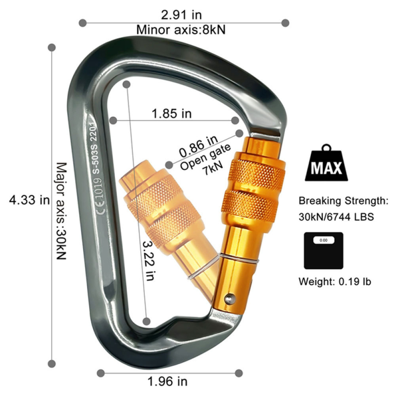 Καραμπίνερ 30 kN, κράμα αλουμινίου 7075, κύριος μηχανισμός κλειδώματος, ορειβασία και ράπινγκ