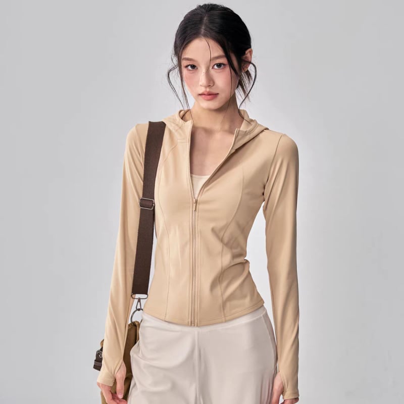 Női kapucnis sportkabát őszre, vastag anyag, 80% nylon, hosszú ujjú, egyszínű minta