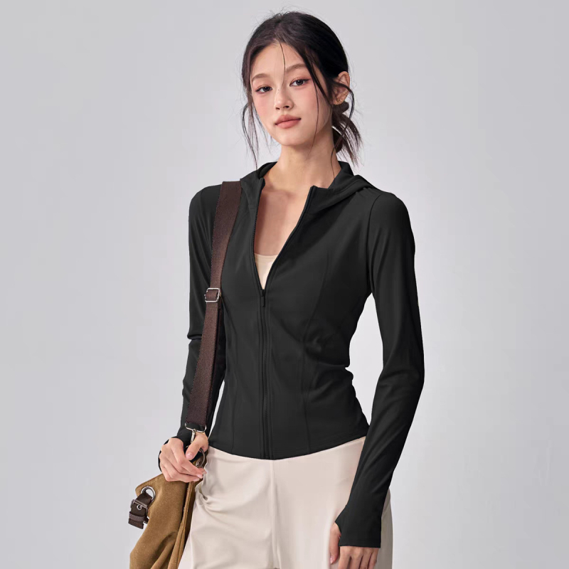 Női kapucnis sportkabát őszre, vastag anyag, 80% nylon, hosszú ujjú, egyszínű minta