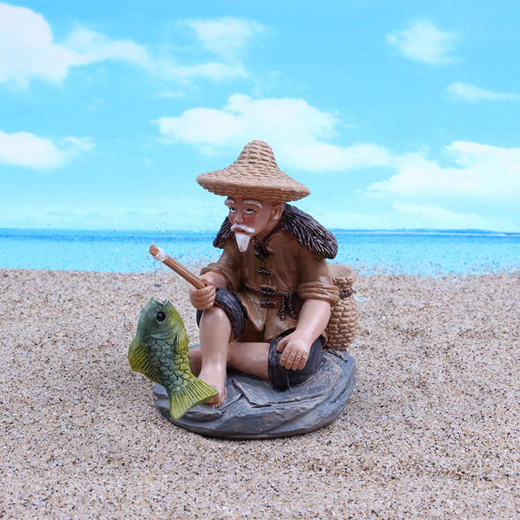 Műgyantából készült horgászfigura akváriumi dekorációhoz, kategória Karakterek, festett felület, gravírozási eljárás, Yingqiu Craft