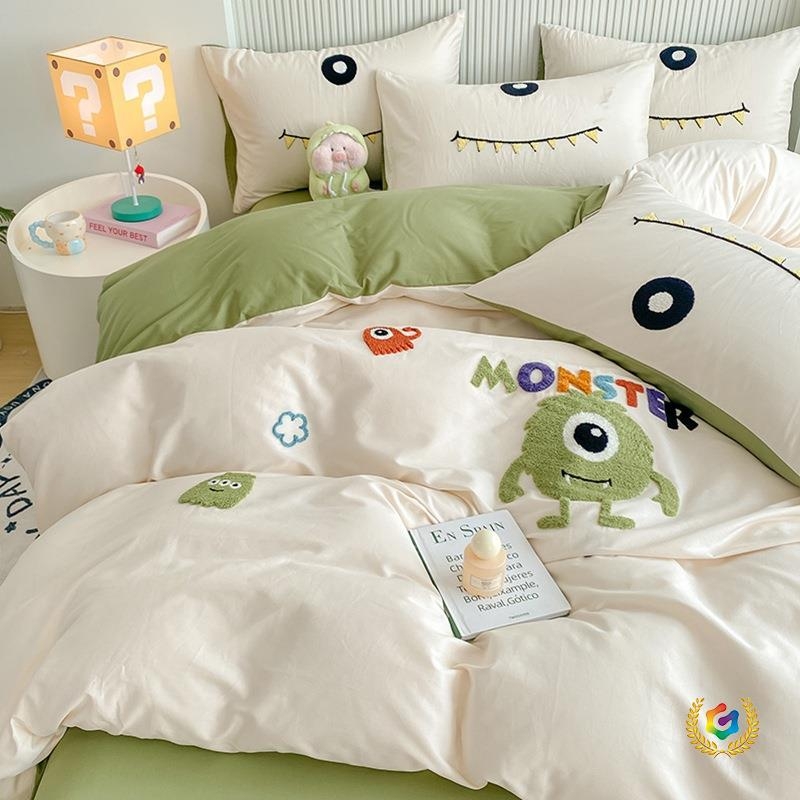 Gyerekeknek készült négy részes ágyneműkészlet 100% pamutból, Cartoon mintával, reaktív nyomtatás, hímzés és steppelés, 40-count, textil sűrűsége 133x72, nyár