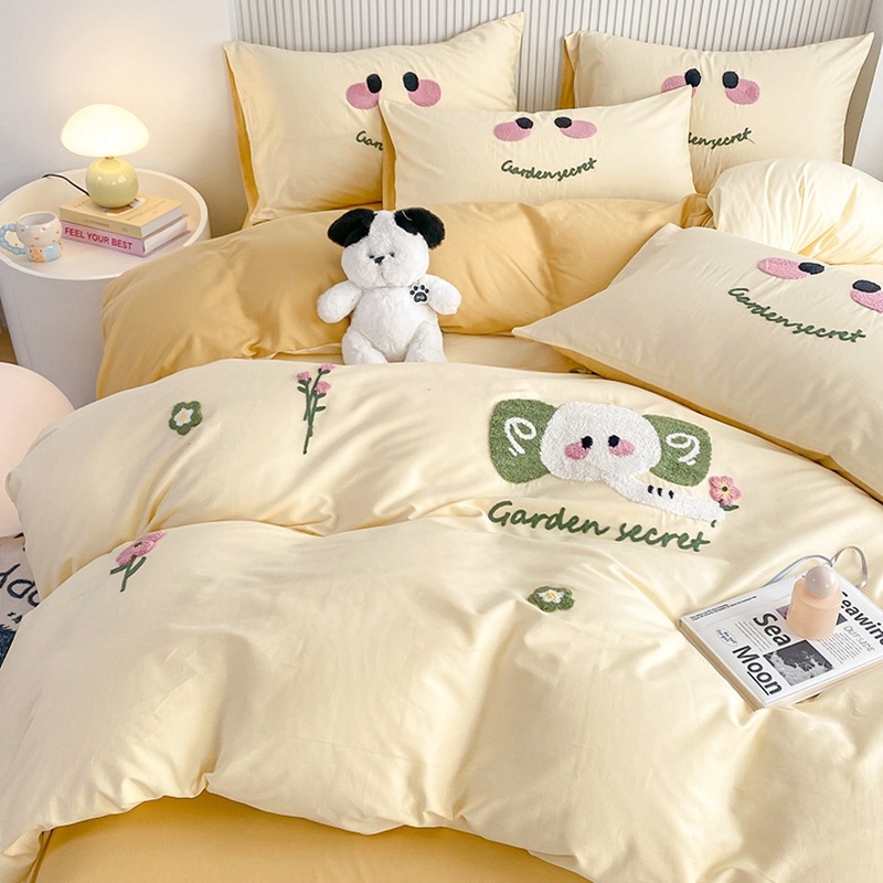 Gyerekeknek készült négy részes ágyneműkészlet 100% pamutból, Cartoon mintával, reaktív nyomtatás, hímzés és steppelés, 40-count, textil sűrűsége 133x72, nyár