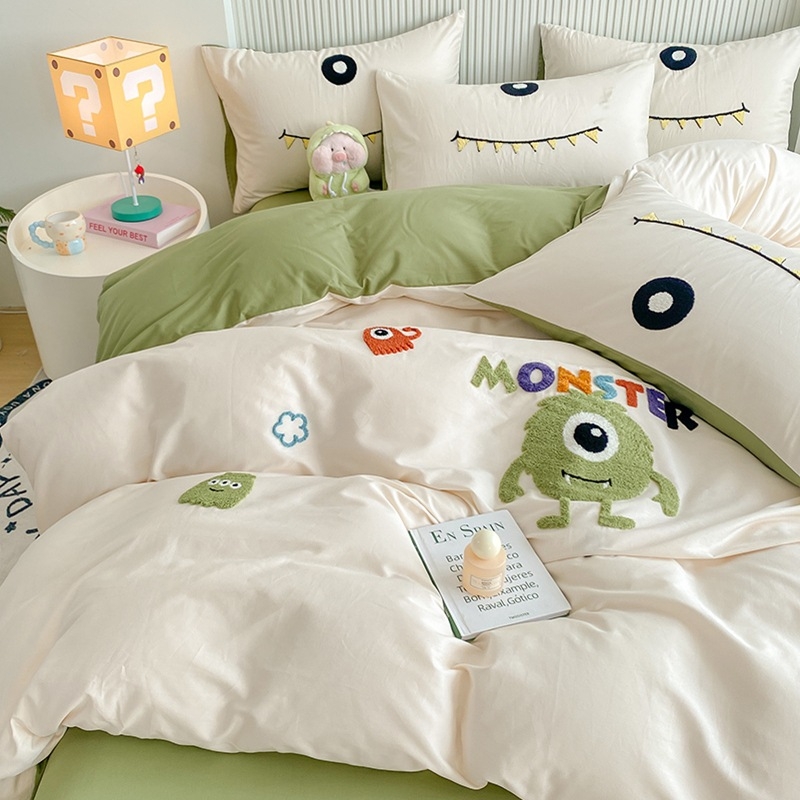 Gyerekeknek készült négy részes ágyneműkészlet 100% pamutból, Cartoon mintával, reaktív nyomtatás, hímzés és steppelés, 40-count, textil sűrűsége 133x72, nyár