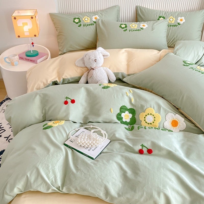 Gyerekeknek készült négy részes ágyneműkészlet 100% pamutból, Cartoon mintával, reaktív nyomtatás, hímzés és steppelés, 40-count, textil sűrűsége 133x72, nyár