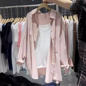 Ženska opuštena košulja s polo ovratnikom, dugi rukavi, jednobojni model, poliester 70–80%, pulover stil, duljina 50–65 cm, ljeto 2025
