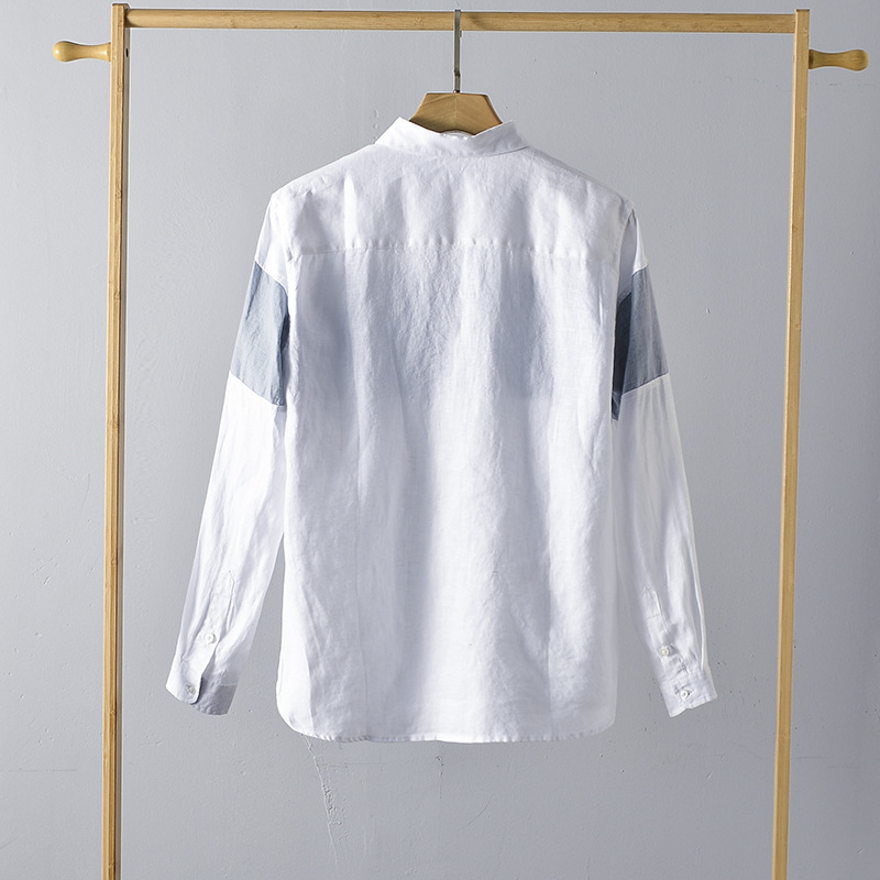 Férfi lenvászon ing, színblokkolt mintázat, hosszú ujjak, bő szabású