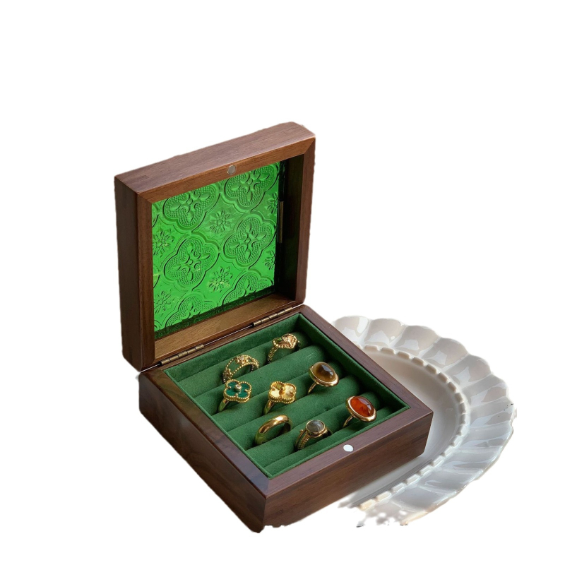 Ξύλινο κουτί κοσμημάτων από καρυδιά με γυάλινη οθόνη – μασίβ ξύλο, αποθήκευση κοσμημάτων, vintage στυλ, κουτί συσκευασίας, Κίνα
