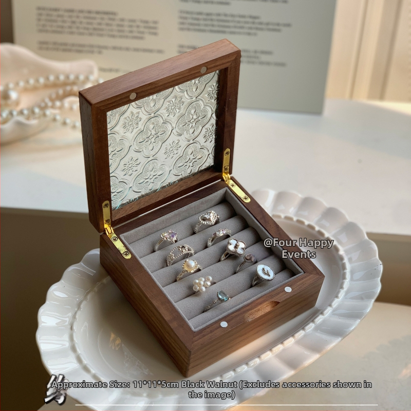 Ξύλινο κουτί κοσμημάτων από καρυδιά με γυάλινη οθόνη – μασίβ ξύλο, αποθήκευση κοσμημάτων, vintage στυλ, κουτί συσκευασίας, Κίνα