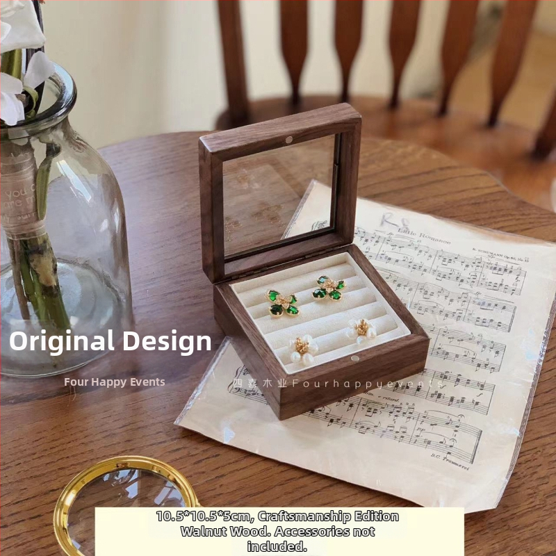 Ξύλινο κουτί κοσμημάτων από καρυδιά με γυάλινη οθόνη – μασίβ ξύλο, αποθήκευση κοσμημάτων, vintage στυλ, κουτί συσκευασίας, Κίνα