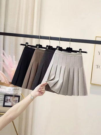 Fustă plisată din lână, scurtă, micro-elastică, cu tehnologie de modelare la temperatură înaltă, stil de mers la birou