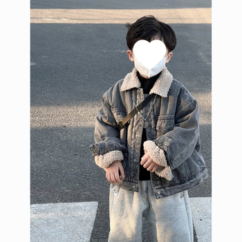 Για αγόρια: Σετ τζάκετ denim + παντελόνια με φλίς, κορεατικού στυλ, παχιά για τον χειμώνα, αποσπώμενη κουκούλα, corduroy ύφασμα