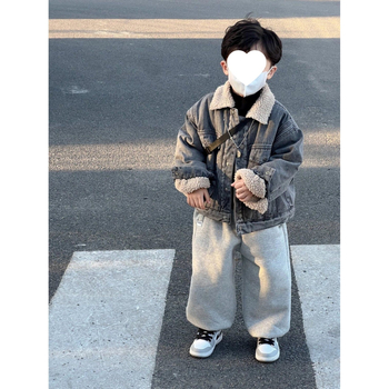 Για αγόρια: Σετ τζάκετ denim + παντελόνια με φλίς, κορεατικού στυλ, παχιά για τον χειμώνα, αποσπώμενη κουκούλα, corduroy ύφασμα
