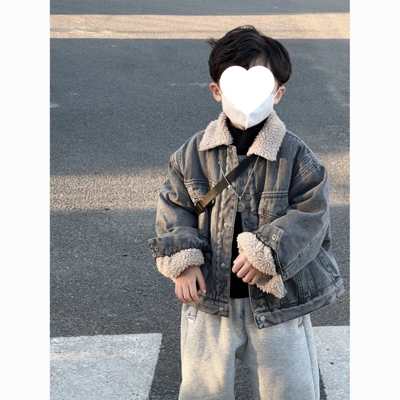 Για αγόρια: Σετ τζάκετ denim + παντελόνια με φλίς, κορεατικού στυλ, παχιά για τον χειμώνα, αποσπώμενη κουκούλα, corduroy ύφασμα