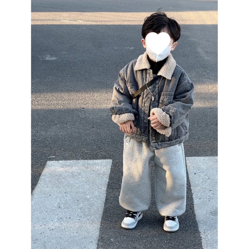 Για αγόρια: Σετ τζάκετ denim + παντελόνια με φλίς, κορεατικού στυλ, παχιά για τον χειμώνα, αποσπώμενη κουκούλα, corduroy ύφασμα