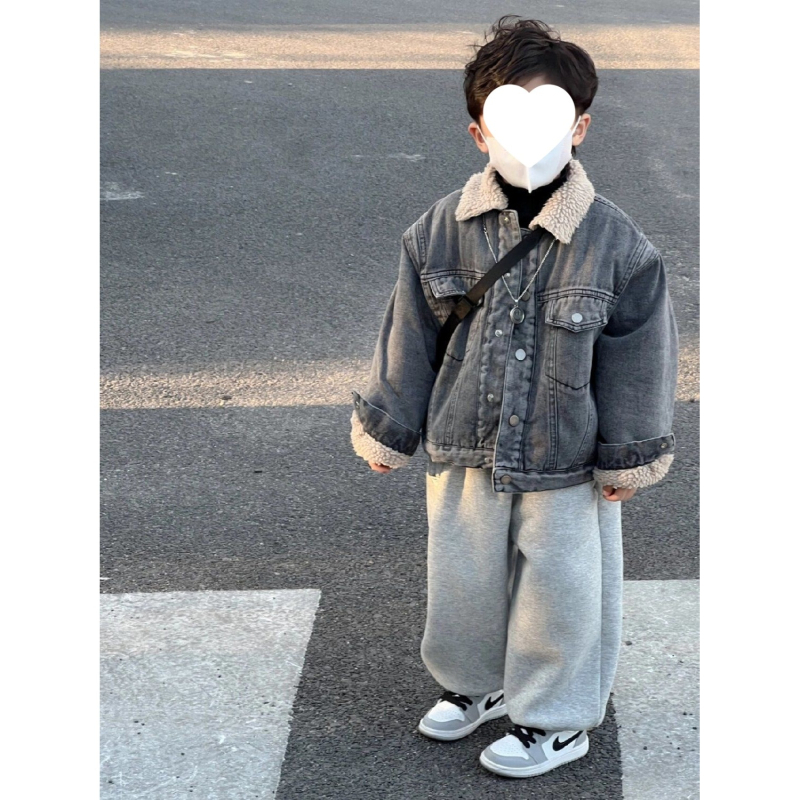 Για αγόρια: Σετ τζάκετ denim + παντελόνια με φλίς, κορεατικού στυλ, παχιά για τον χειμώνα, αποσπώμενη κουκούλα, corduroy ύφασμα