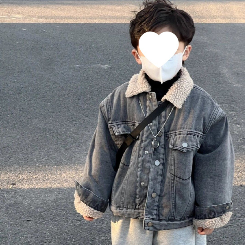 Για αγόρια: Σετ τζάκετ denim + παντελόνια με φλίς, κορεατικού στυλ, παχιά για τον χειμώνα, αποσπώμενη κουκούλα, corduroy ύφασμα