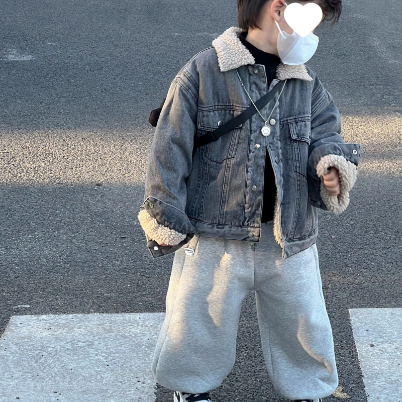 Για αγόρια: Σετ τζάκετ denim + παντελόνια με φλίς, κορεατικού στυλ, παχιά για τον χειμώνα, αποσπώμενη κουκούλα, corduroy ύφασμα