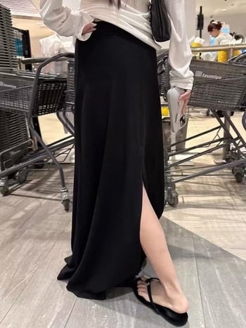 Duga asimetrična suknja sa stražnjim prorezom, četkani materijal, mješavina pamuka i poliestera, mikro-elastičnost, elegantan stil