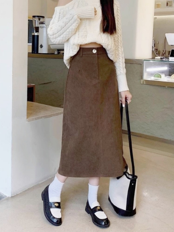 Suknja A-linije, midi duljine, od pamukovo-mješavine, zimska kolekcija 2025, elegantan gradski stil, mikroelastičan materijal