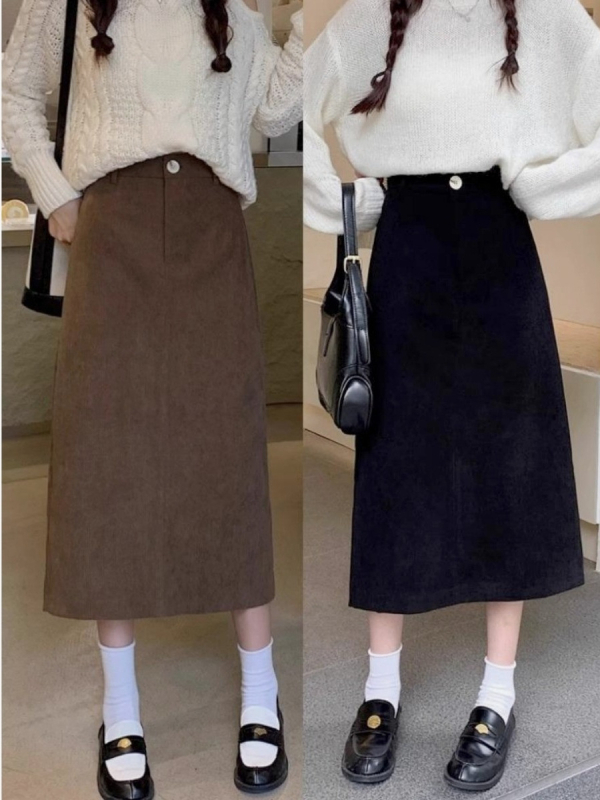 Suknja A-linije, midi duljine, od pamukovo-mješavine, zimska kolekcija 2025, elegantan gradski stil, mikroelastičan materijal