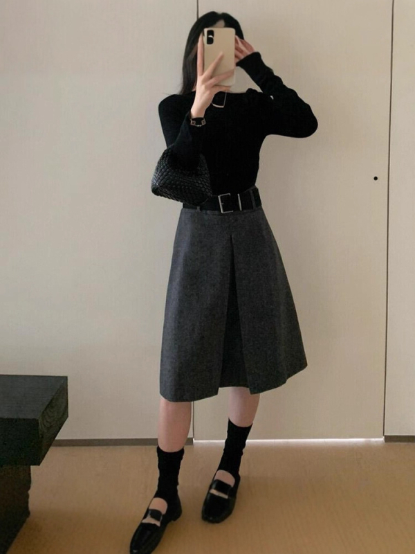 Plus-size ženska retro vunena midi suknja A-linije s otvorom, visokim strukom, jesen-zima