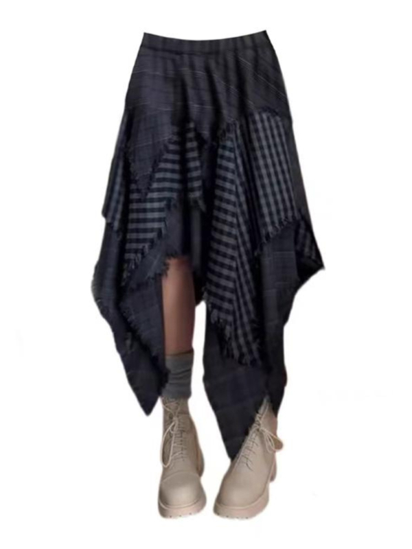 A-linijska suknja srednje duljine s nepravilnim mrežastim patchwork uzorkom, denim tkanina, blaga elastičnost